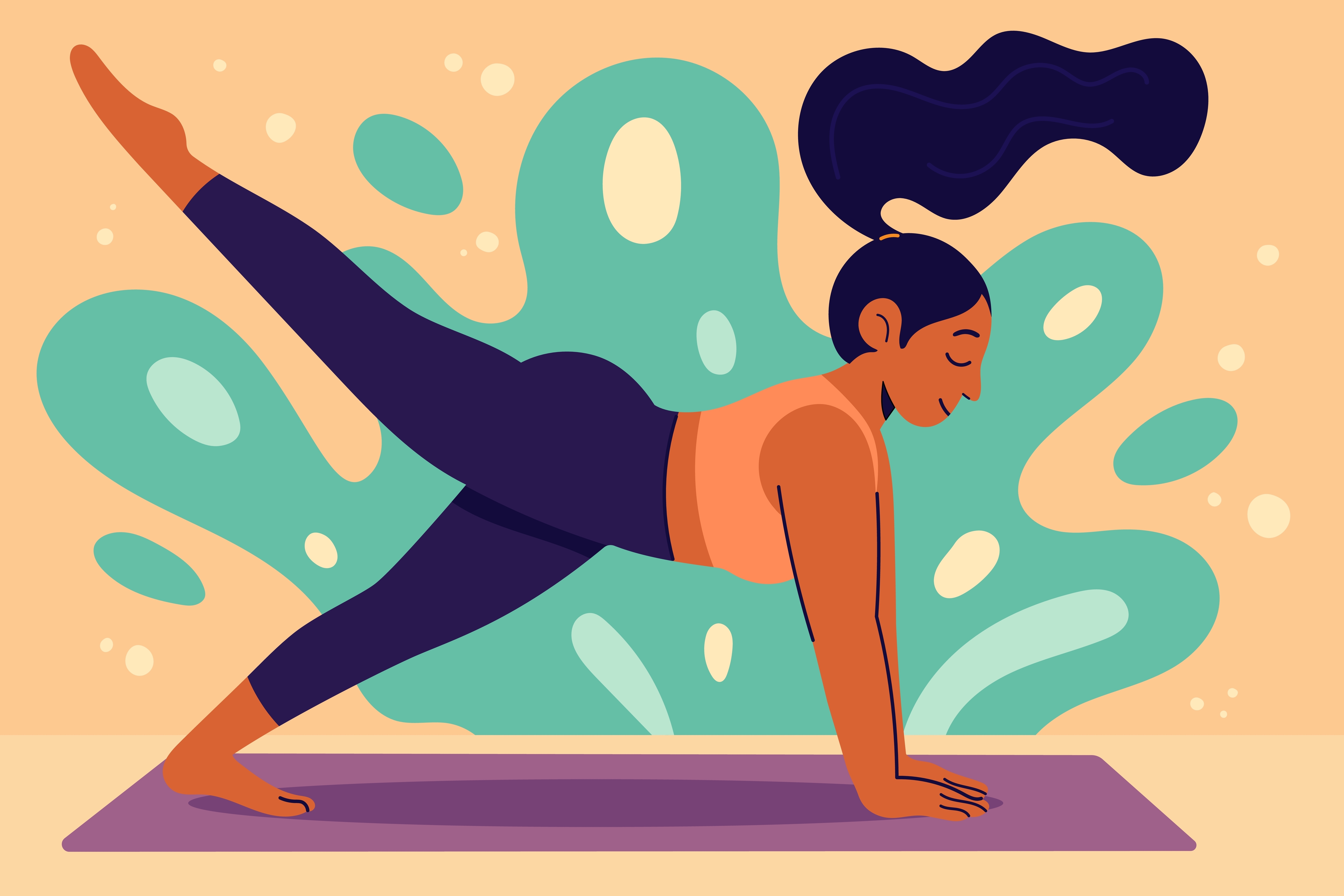 Athletic woman balancing on one leg in yoga practice on fitness mat