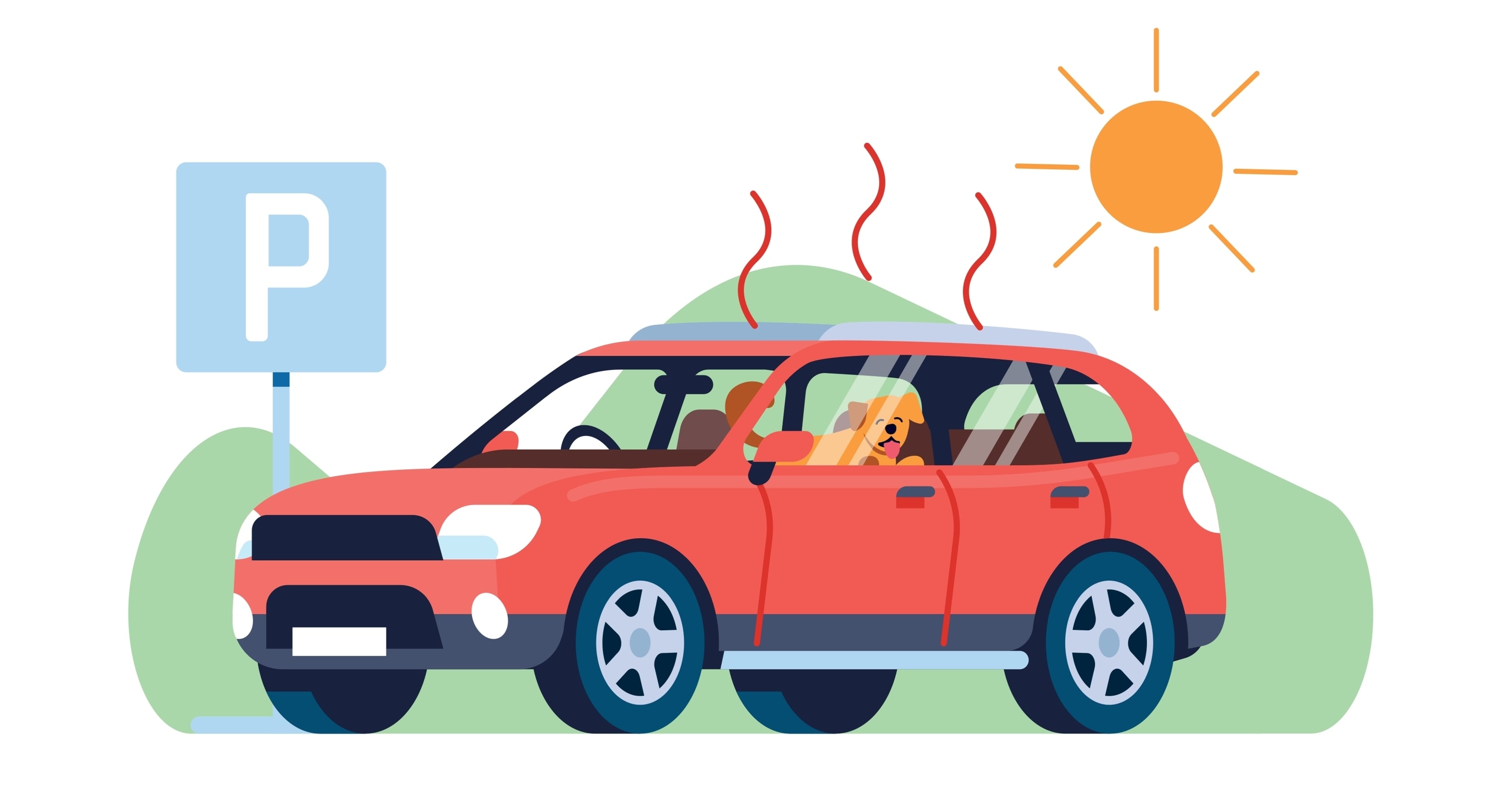 Dog in parked car is at risk of heat stroke. Hot temperature. Owner leaving puppy in automobile