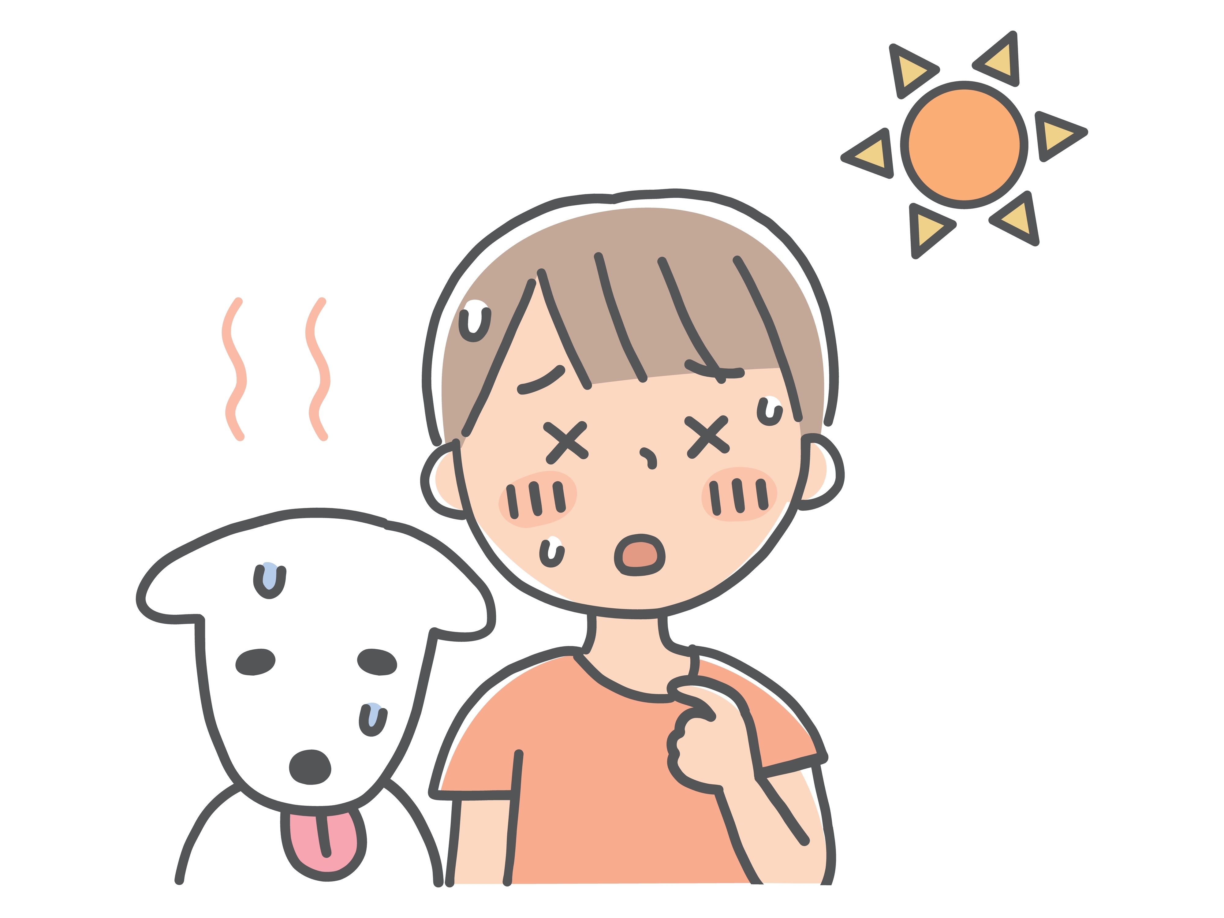 Cute hand-drawn vector illustration of a boy and pet exhausted from summer heat