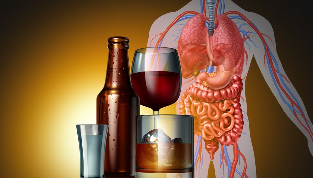 Drinking Health Danger concept as beer wine and spirits alcoholic glasses and bottle as a medical risk