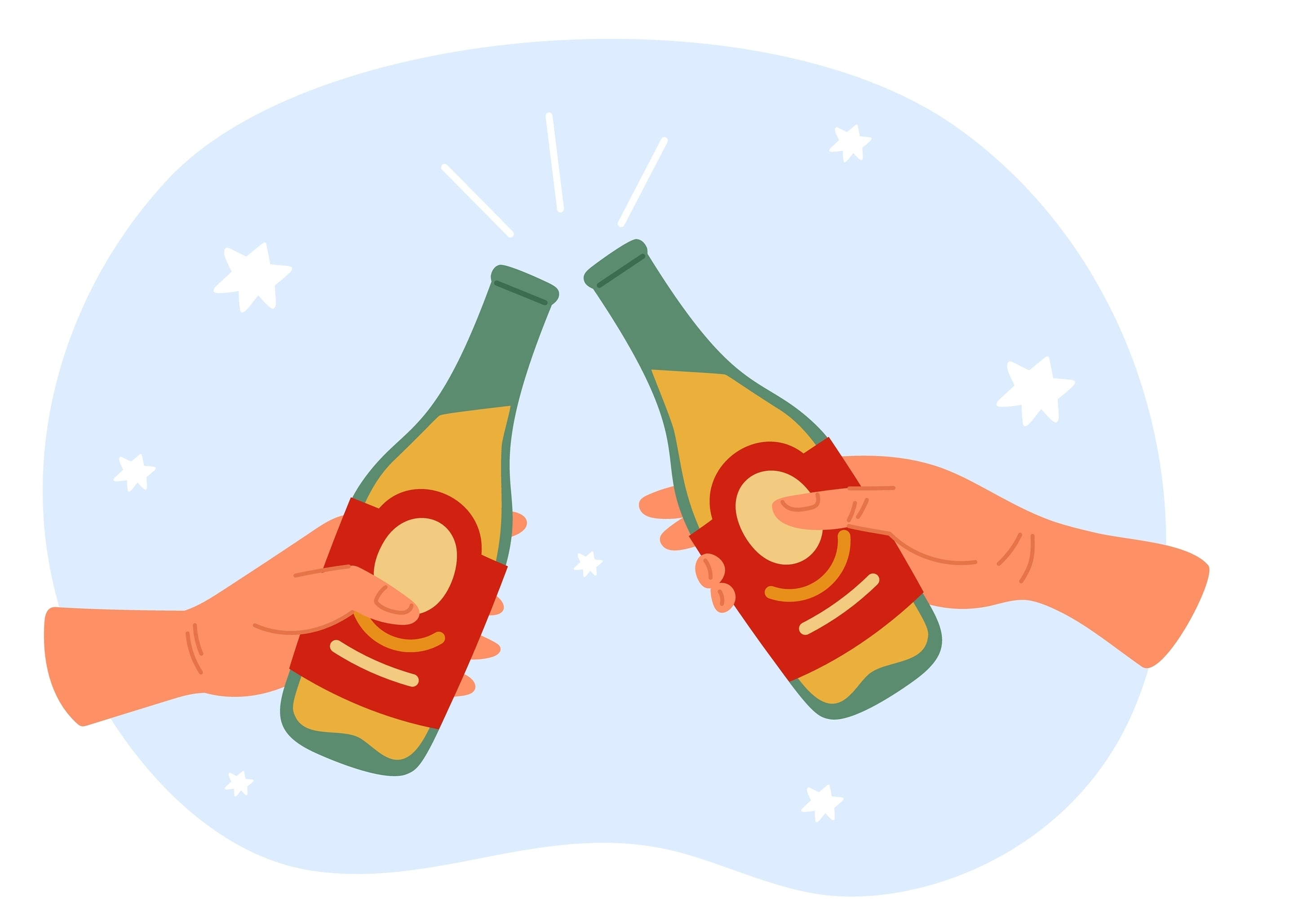 Two hands holding beer bottles