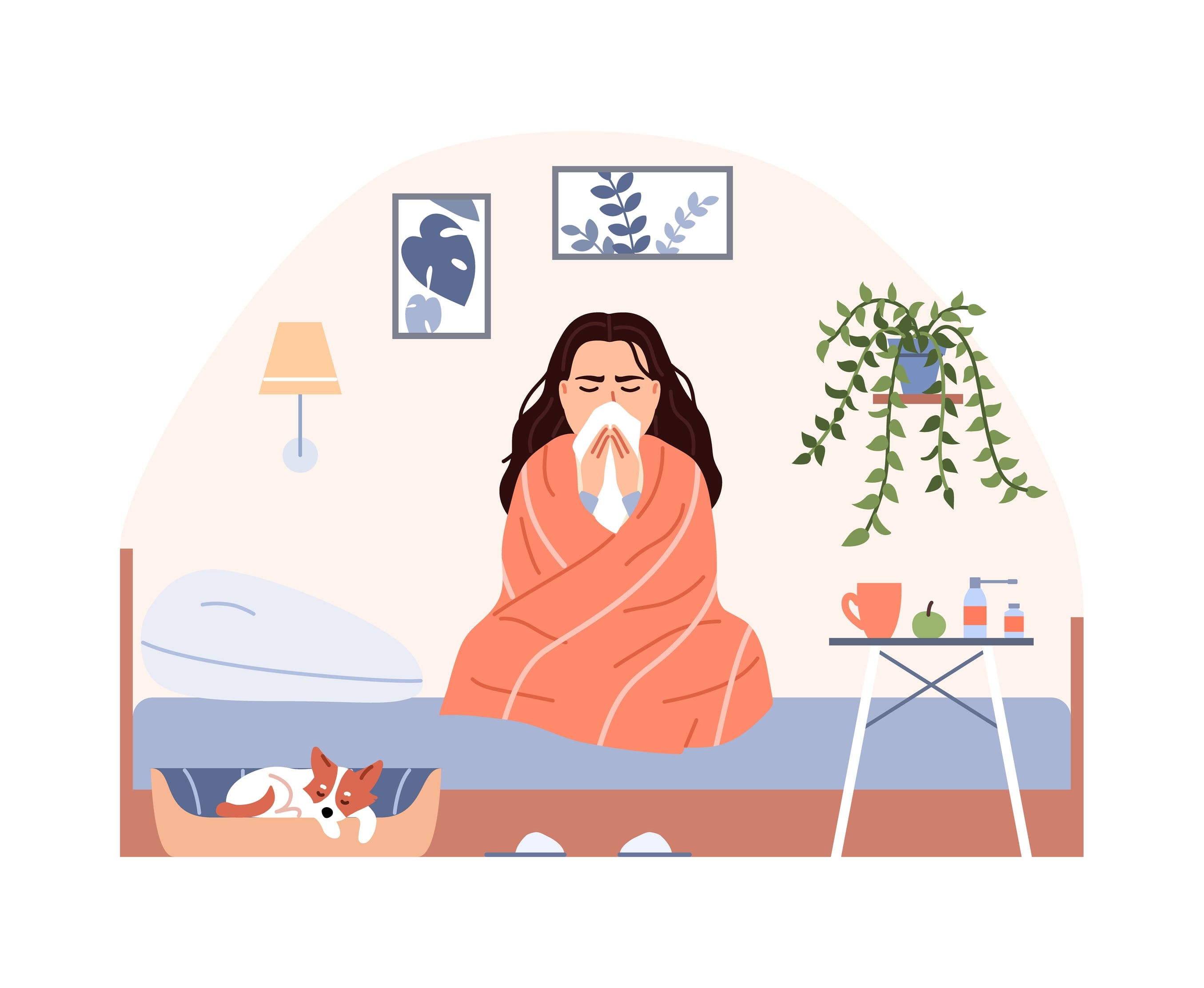 Sick person on bed with blanket treatment